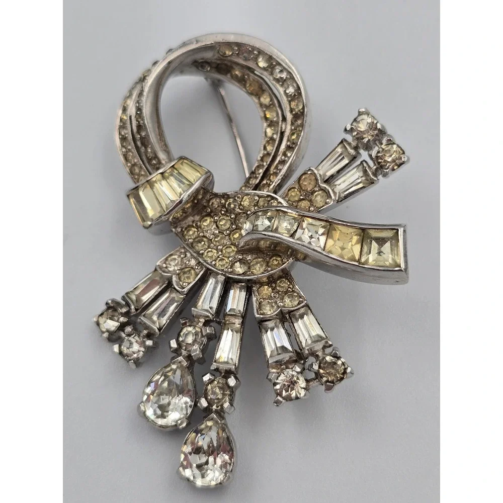 Vintage Rhinestone Bow Brooch Pin Silver Tone Clear Champagne‎ Baguette Round